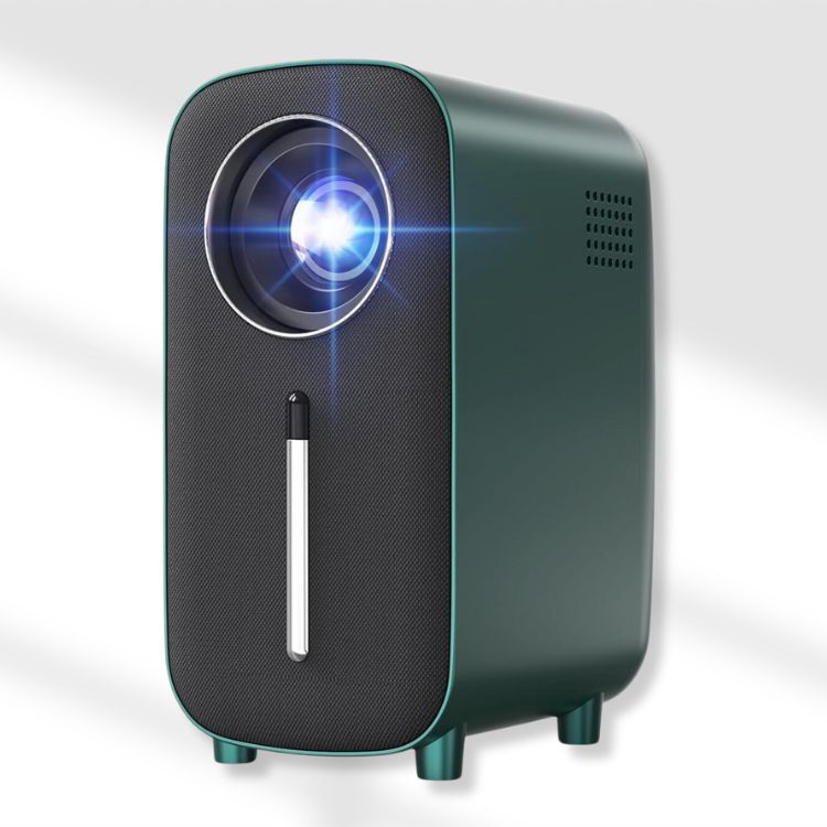 A small, compact white portable mini projector.