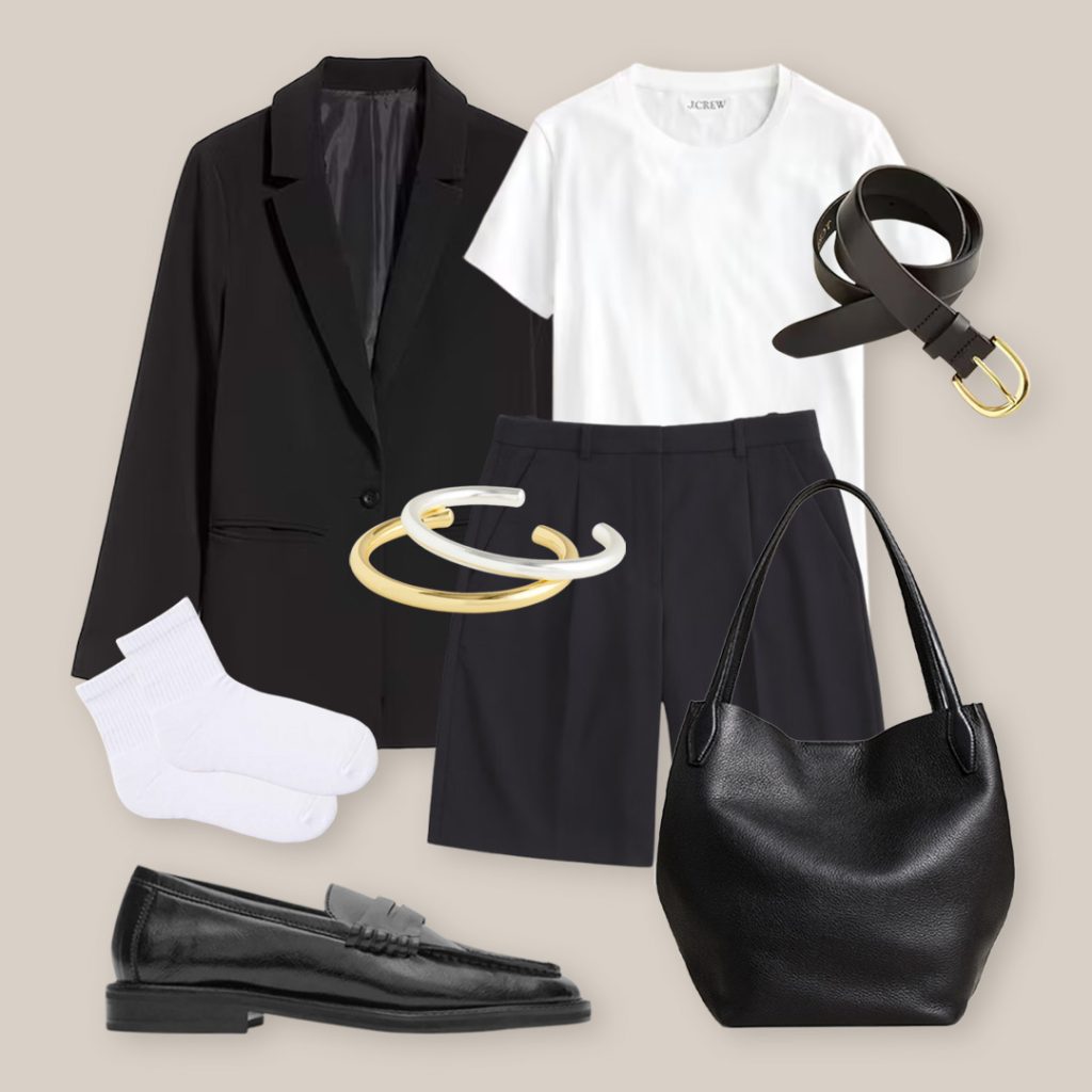 A professional summer outfit featuring a lightweight blazer draped over the shoulders.