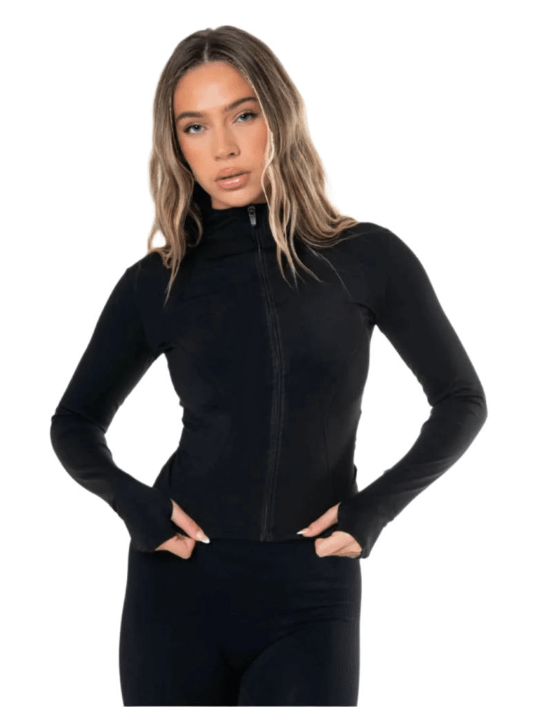 Side profile of a sculpting gym jacket showing the alignment of the shoulders and the length of the sleeves.