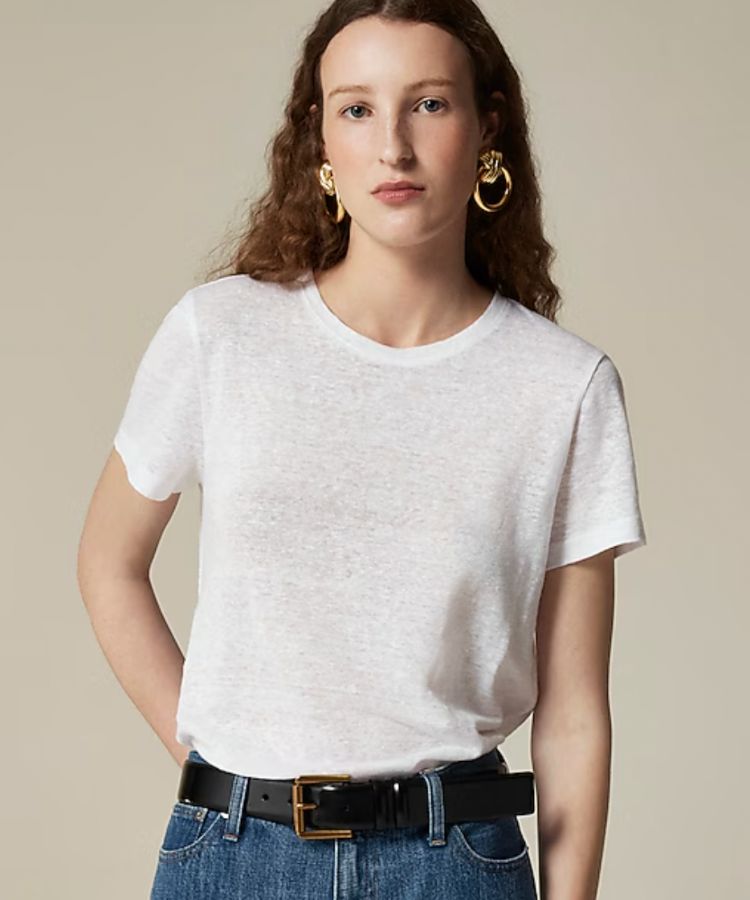 A relaxed fit white linen t-shirt.