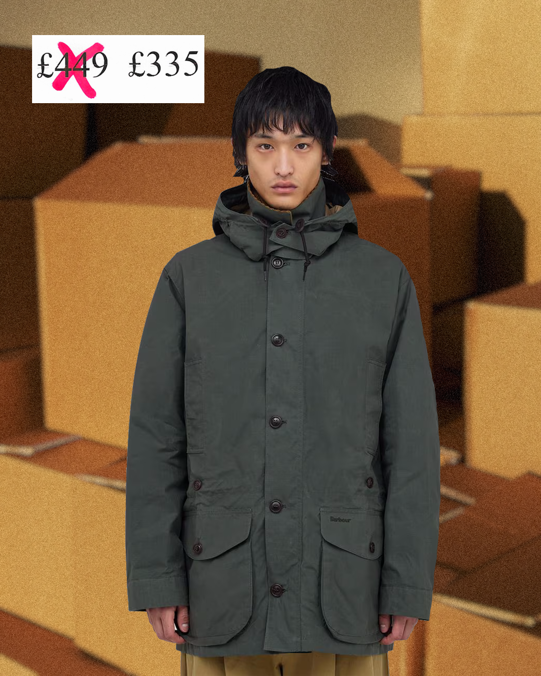 Full-body shot of a heavy men's winter parka with a fur-lined hood.