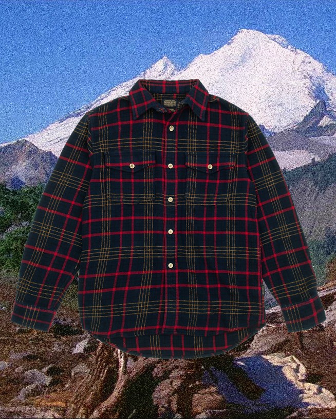 Dark plaid flannel shirt with red and yellow checks against a snowy mountain background.