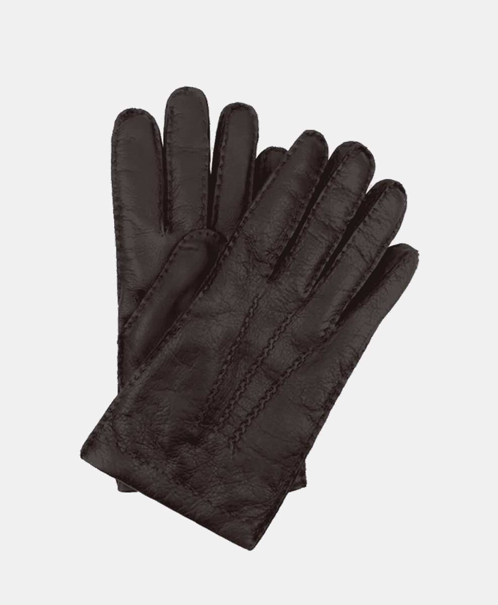 A pair of black leather gloves with visible stitching.