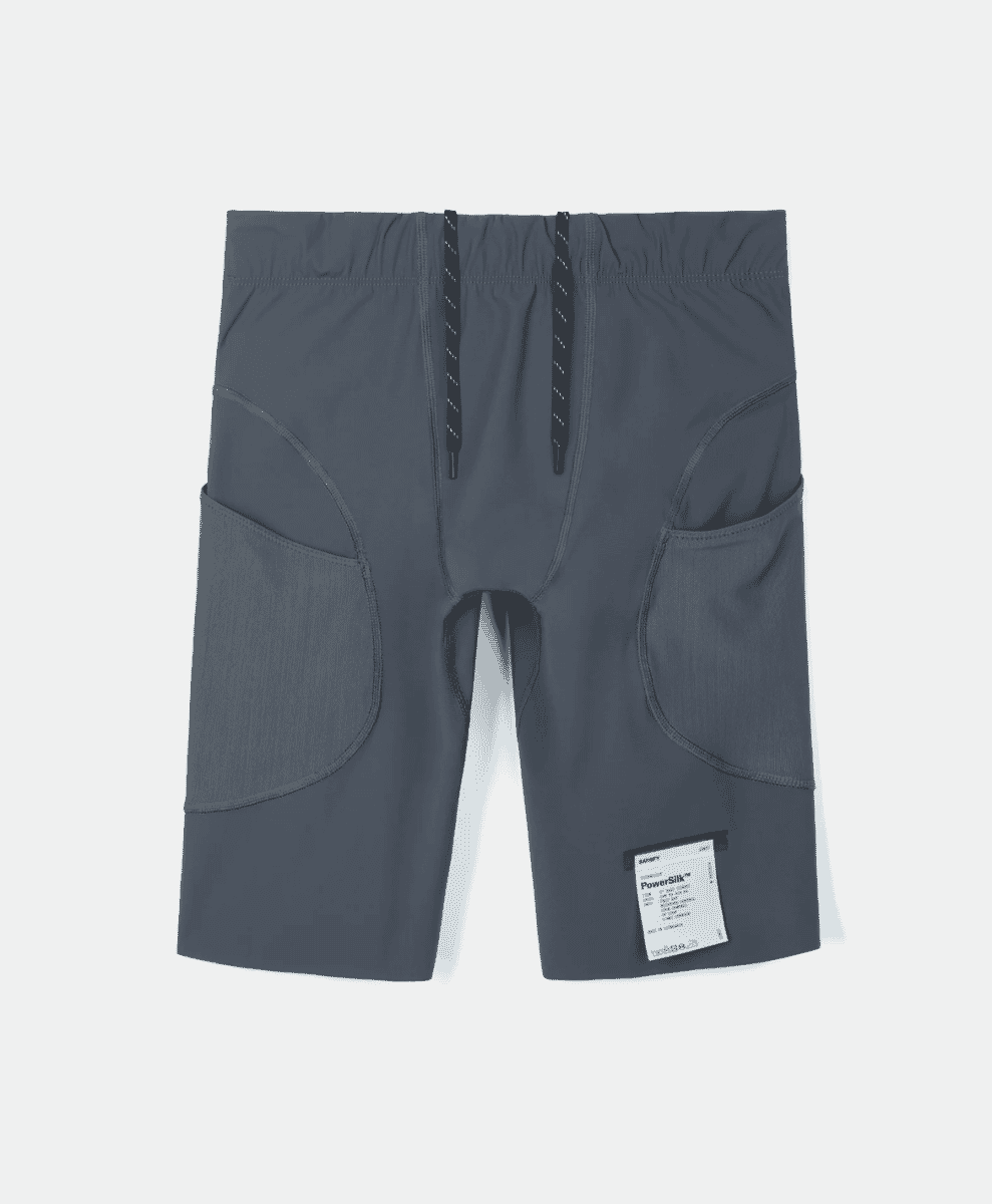 Dark gray PowerSilk athletic shorts featuring high-compression Italian nylon.