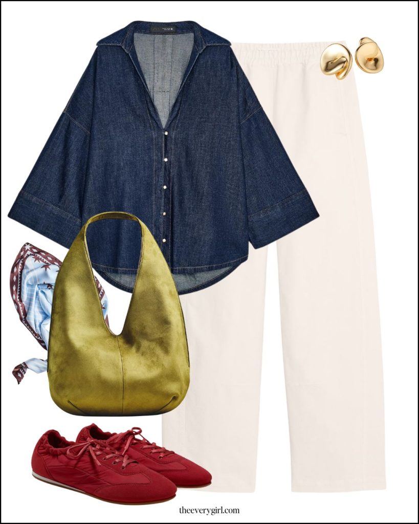 Outfit featuring a denim shirt paired with barrel pants