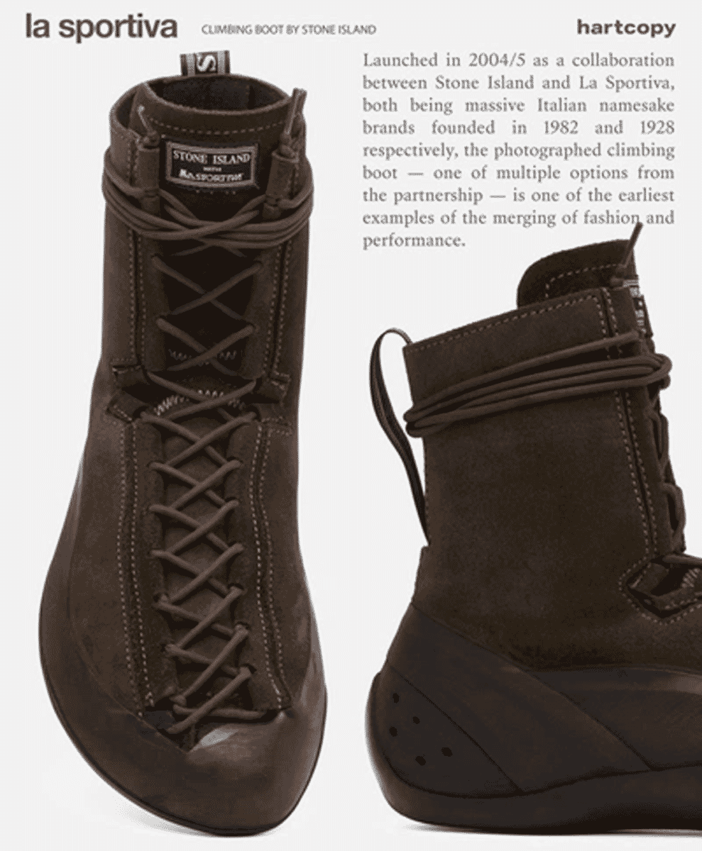 Street style shot demonstrating the trend shift from oversized trail runners to low-profile approach shoes.