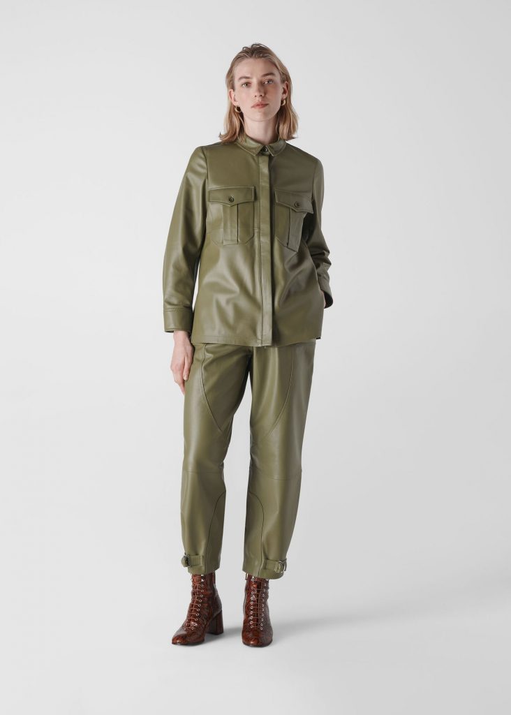 Olive green leather utility shirt and matching tapered pants.