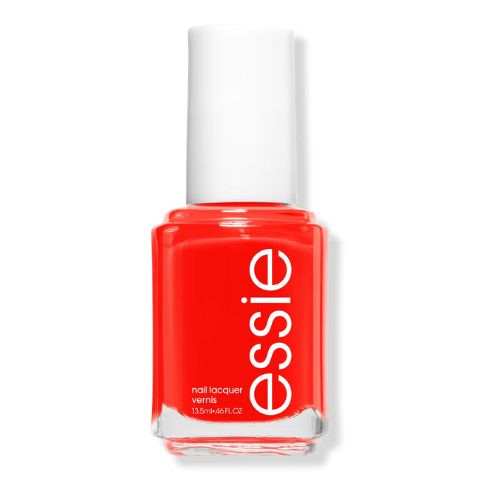 A bottle of Essie Clambake nail polish showcasing its vibrant poppy-red color.