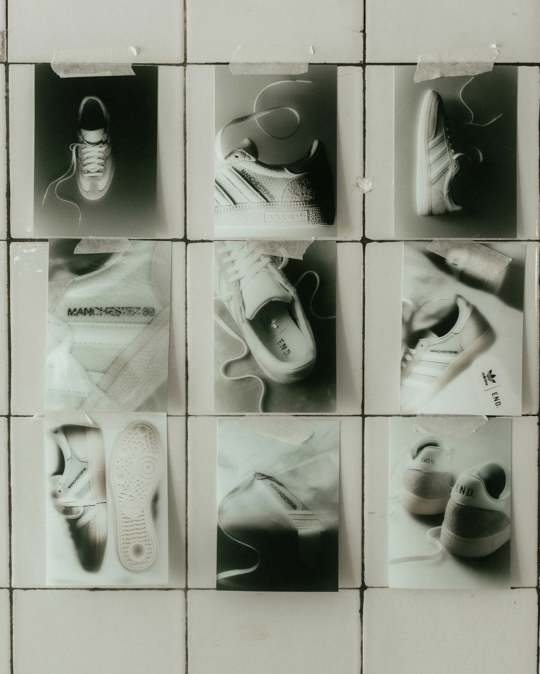 Heel tabs of the sneakers showing the individual production number on the left and the END. logo on the right.