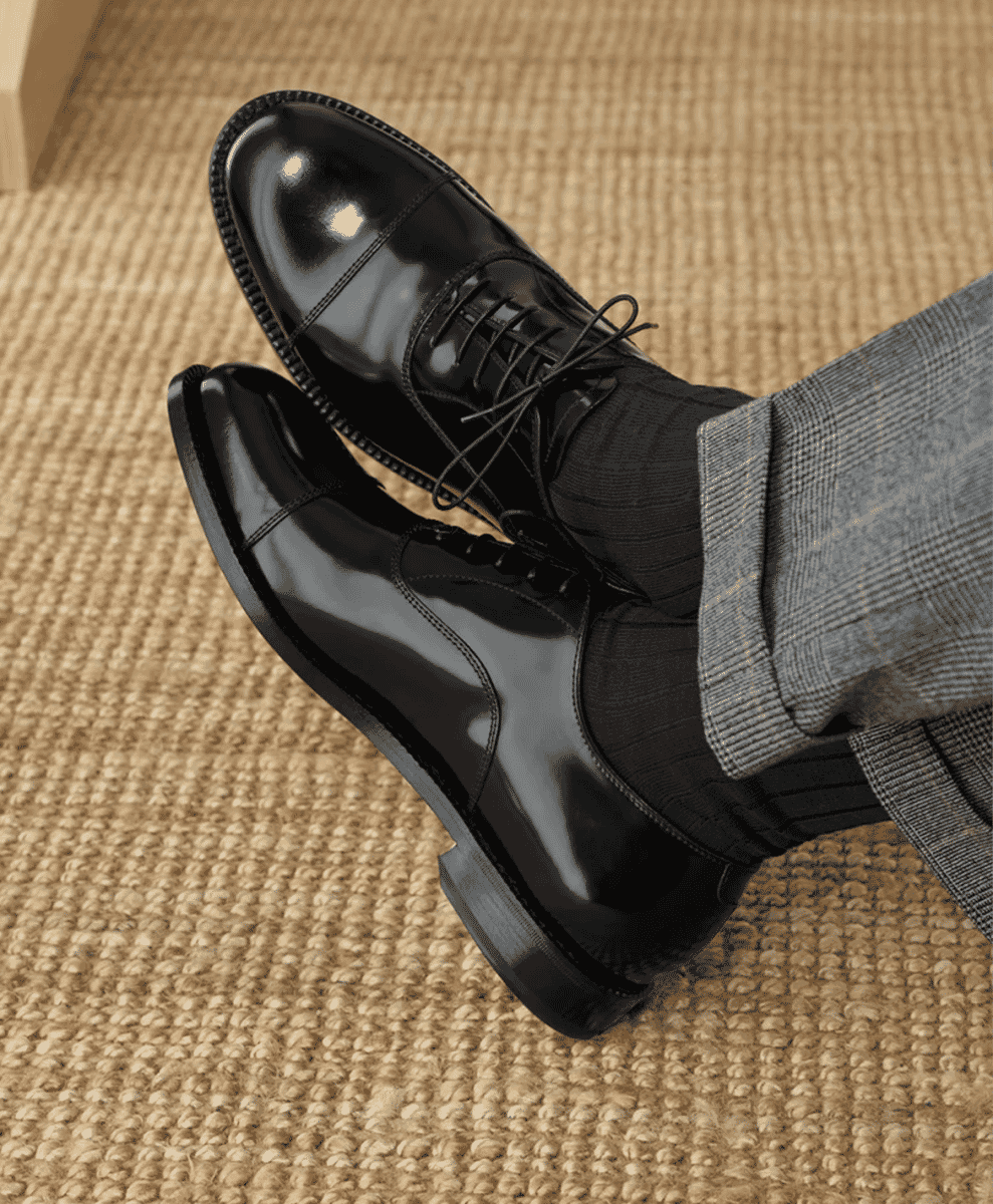 Detailed view of Velasca Black smooth abraded calf leather Questurin oxfords.