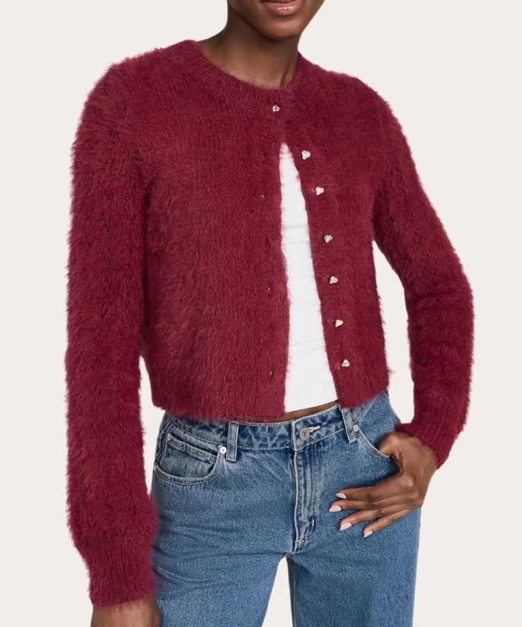 Fuzzy Knit Cardigan in a romantic hue.