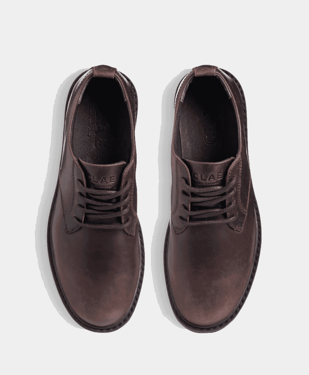 Overhead view of brown leather lace-up Derby shoes.