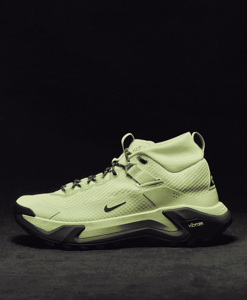 Close-up of the Nike ACG Zegama Hike outsole highlighting the Vibram Megagrip lugs and ZoomX foam.