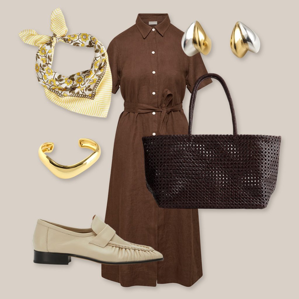 Close-up detail of light-colored breathable fabrics and minimalist gold jewelry for the office.