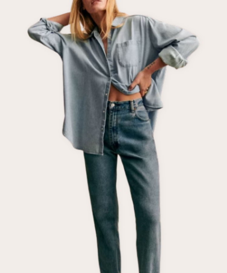 Sézane light-wash denim button-up shirt.