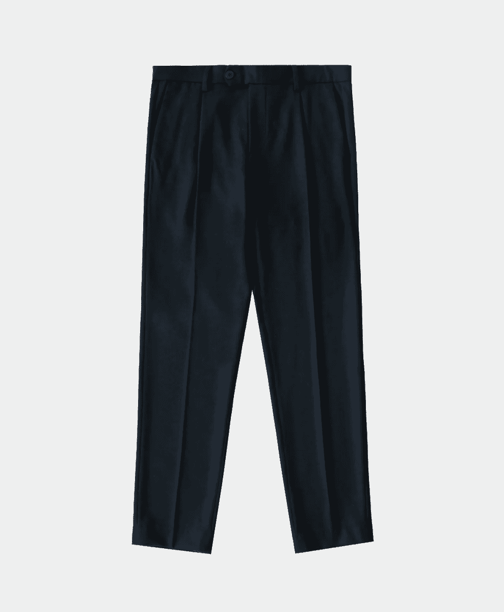 Flat lay of dark navy pleated trousers with a tailored fit.