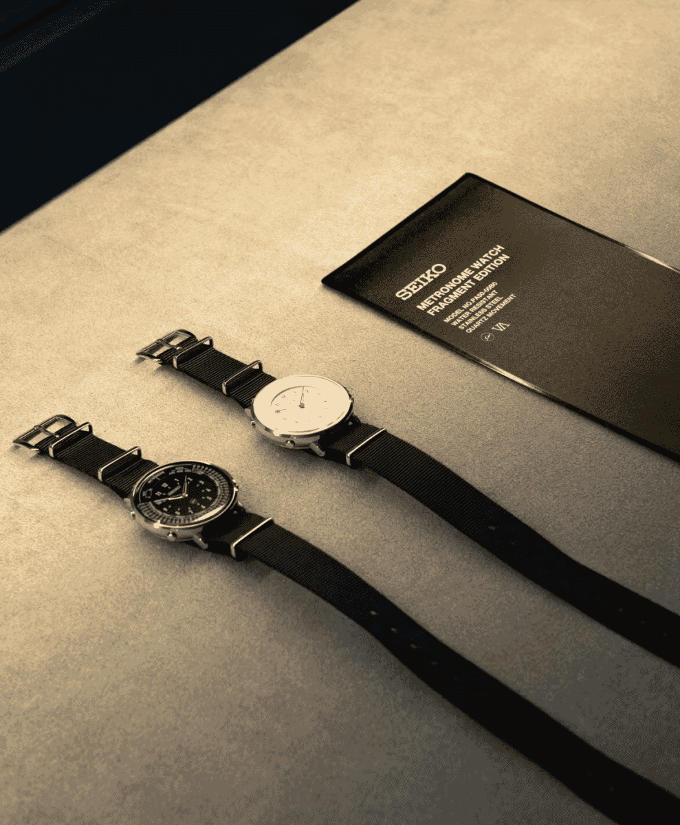 Side profile of the Fragment Seiko Metronome highlighting its slim 10mm thickness and 36.5mm case.