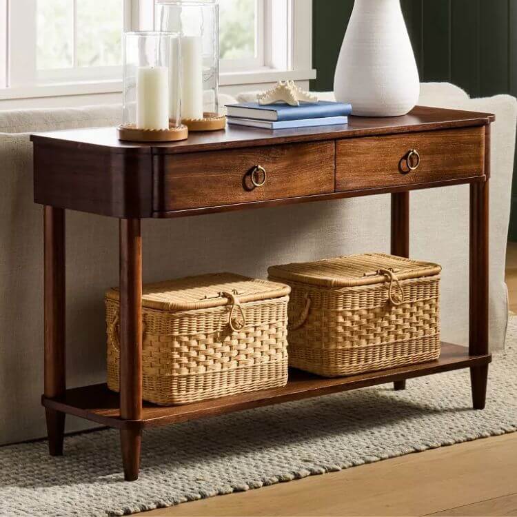 Two-drawer walnut console table with clean lines and natural wood grain.