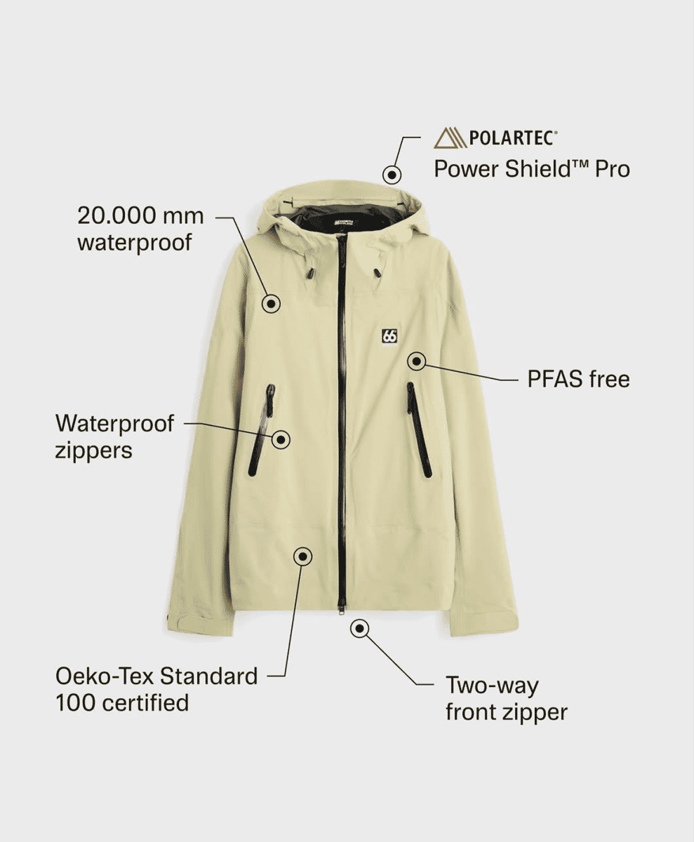 A beige hooded jacket featuring Polartec Power Shield Pro fabric and technical specs.