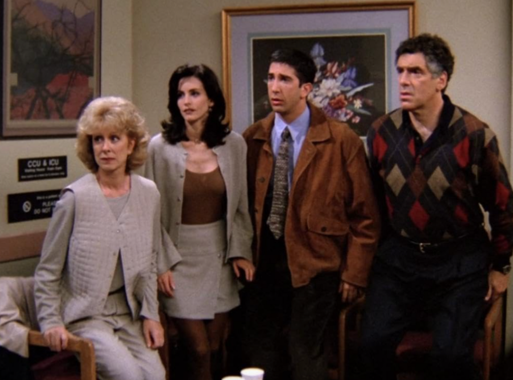 Monica Geller wearing a high-waisted mini skirt and top.