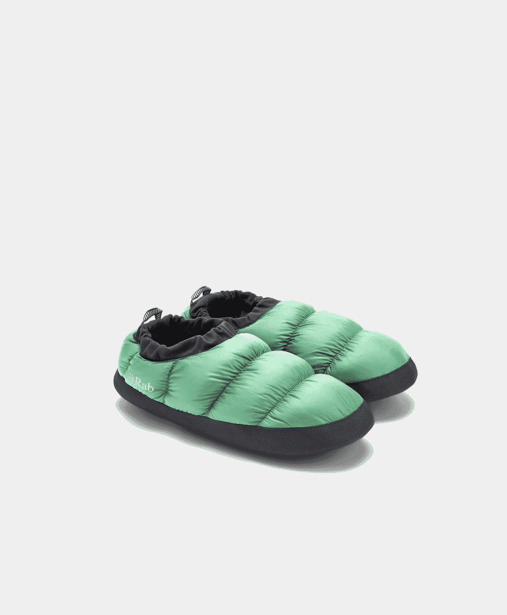 Pair of black Rab Down Hut Slippers designed for indoor warmth.