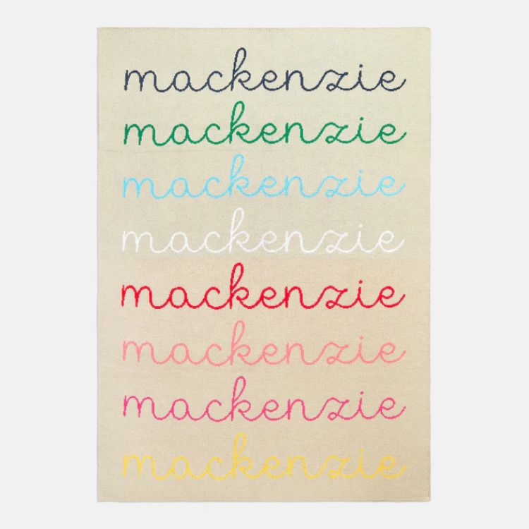 A soft knit custom ombré name blanket in blue and white.