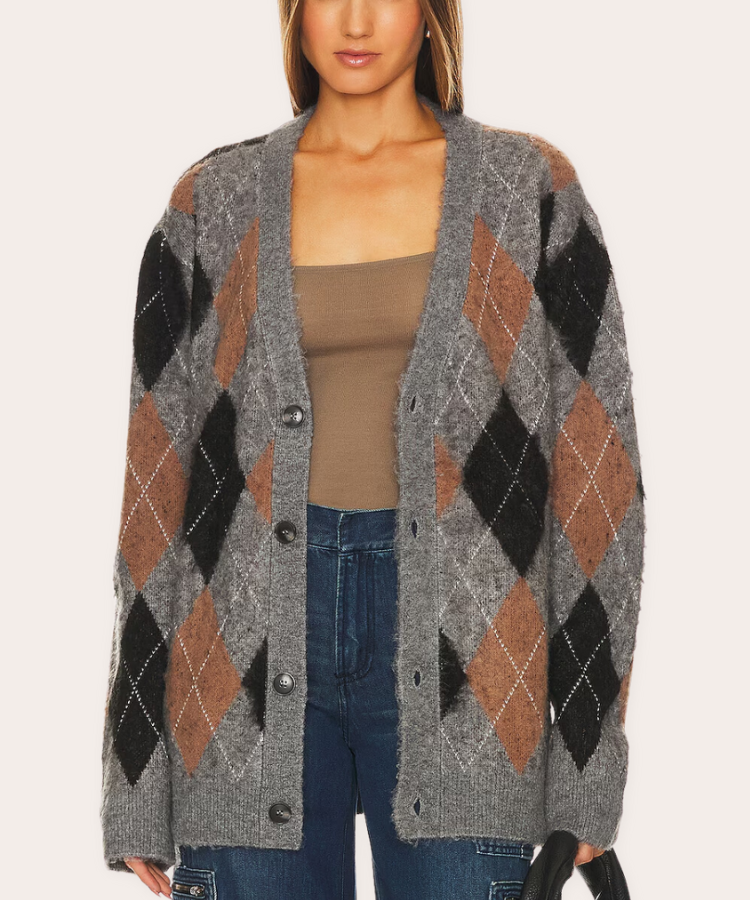 Close-up of a WAO Argyle button-up cardigan.