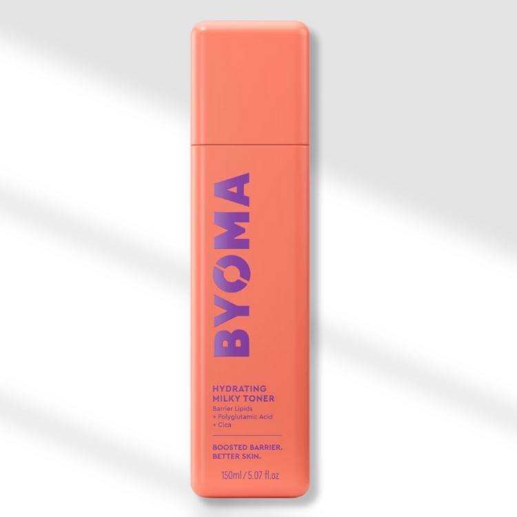 Byoma Milky Toner in a bright blue pump bottle.