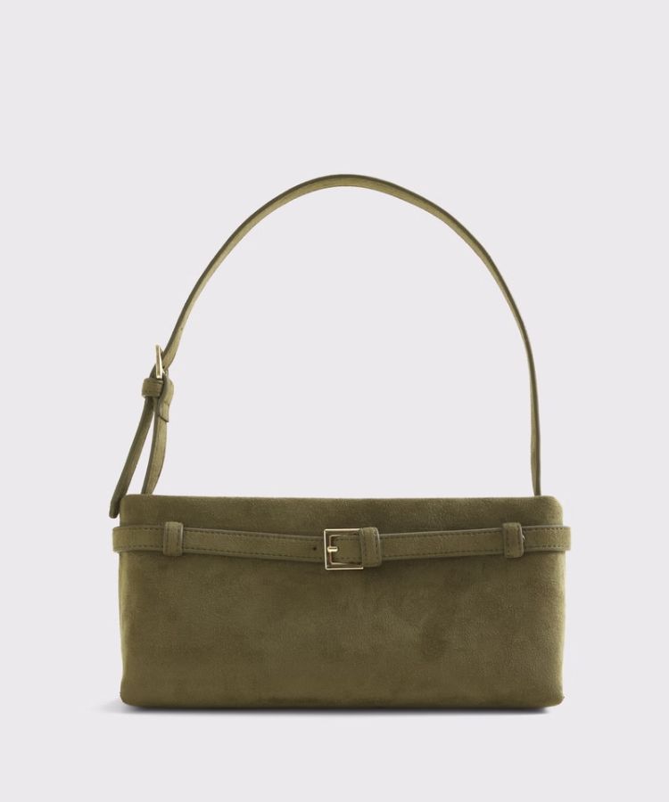 Brown leather belted shoulder bag with gold hardware.