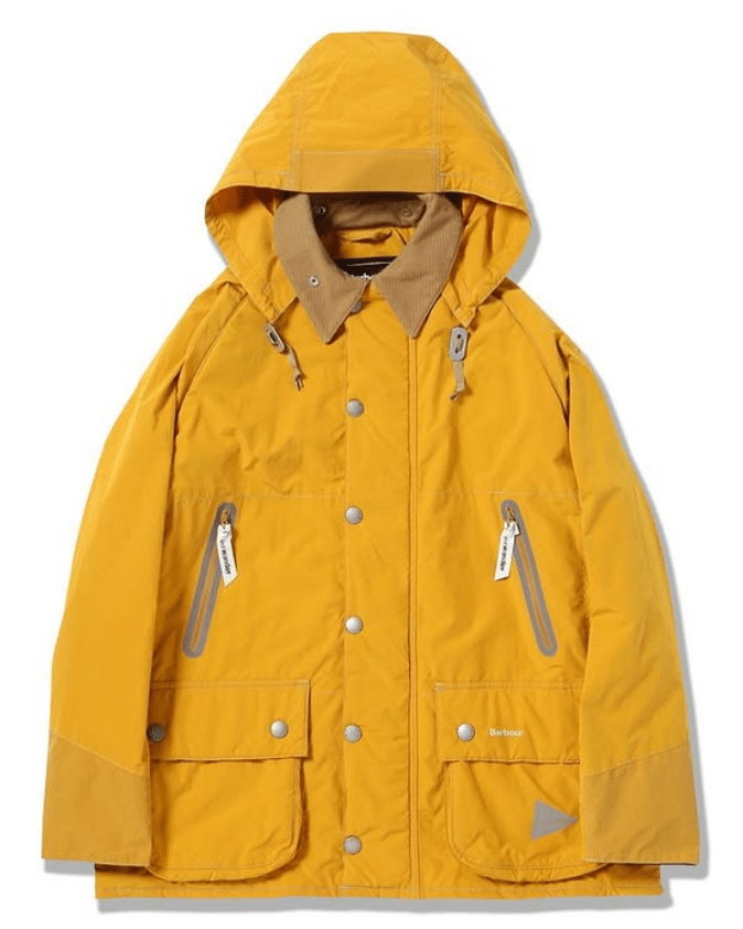 Mustard yellow hooded utility jacket with silver buttons.