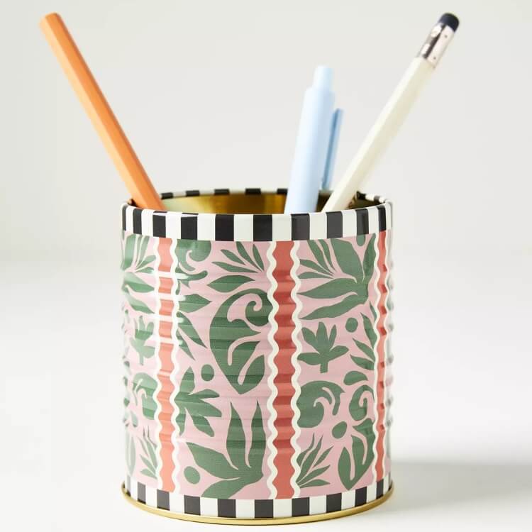 Decorative tin pen pot with floral patterns