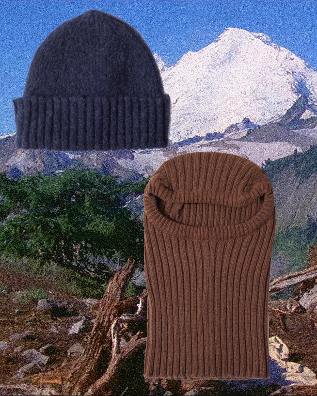 Navy blue ribbed knit beanie and brown neck warmer against a snowy landscape.