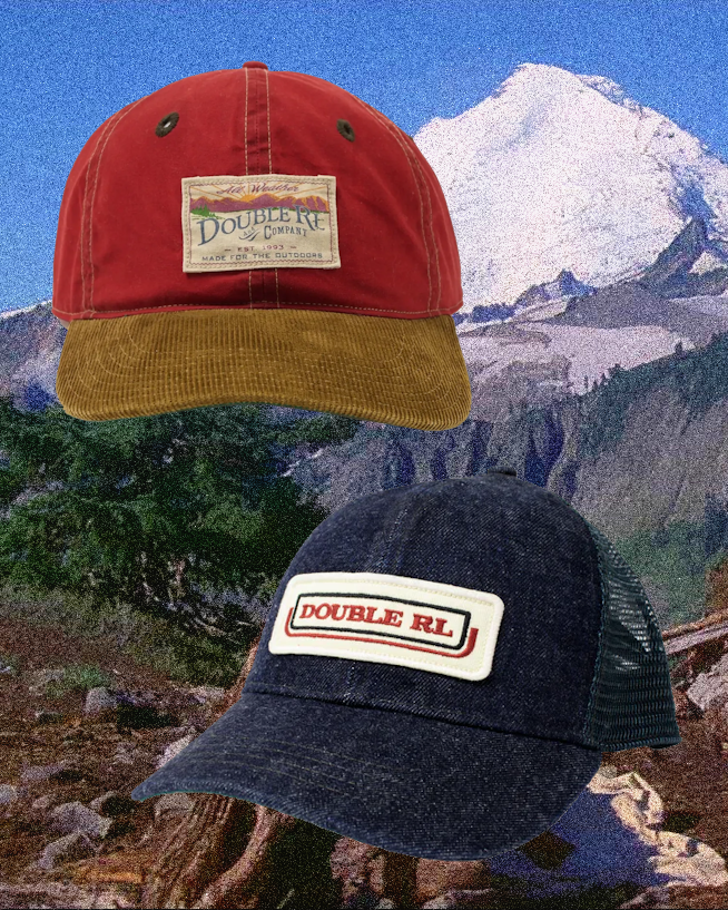 Double RL branded caps in red corduroy and indigo denim.