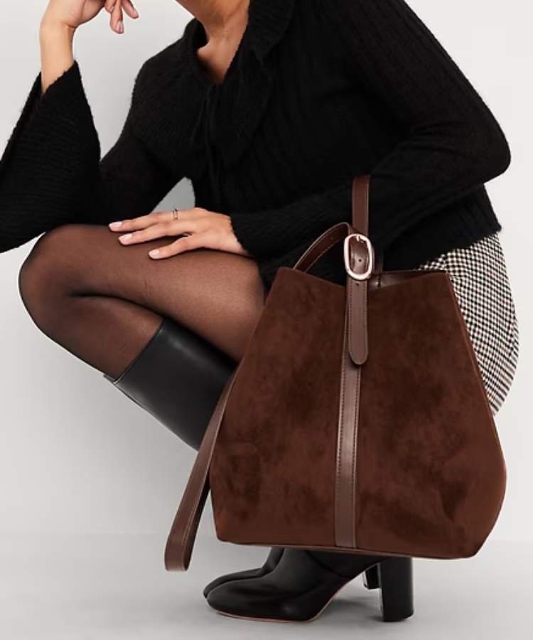 Medium Carrie Tote Bag in a rich brown faux suede texture.