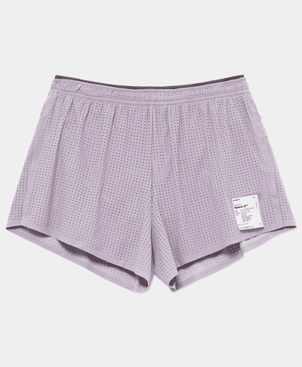 Light purple perforated athletic shorts with breathable performance fabric.