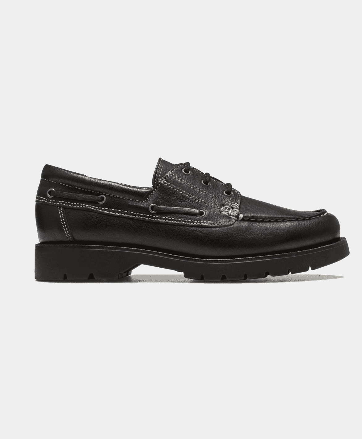 Close-up of heritage leather derby shoes with thick commando soles.
