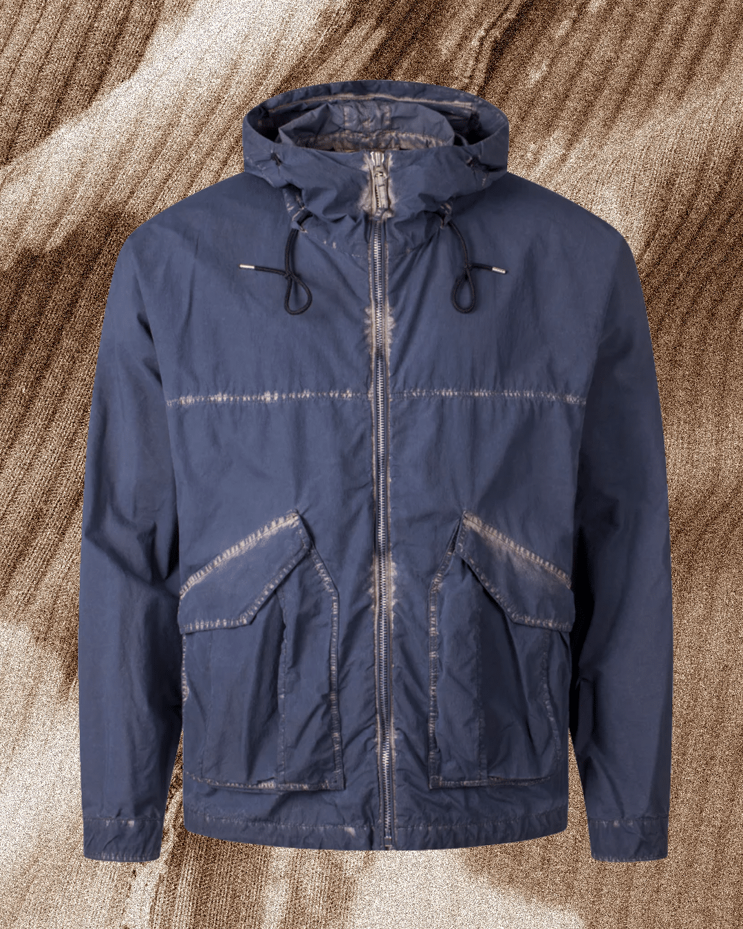 Navy blue Ten c hooded jacket with utilitarian patch pockets and adjustable drawstrings.