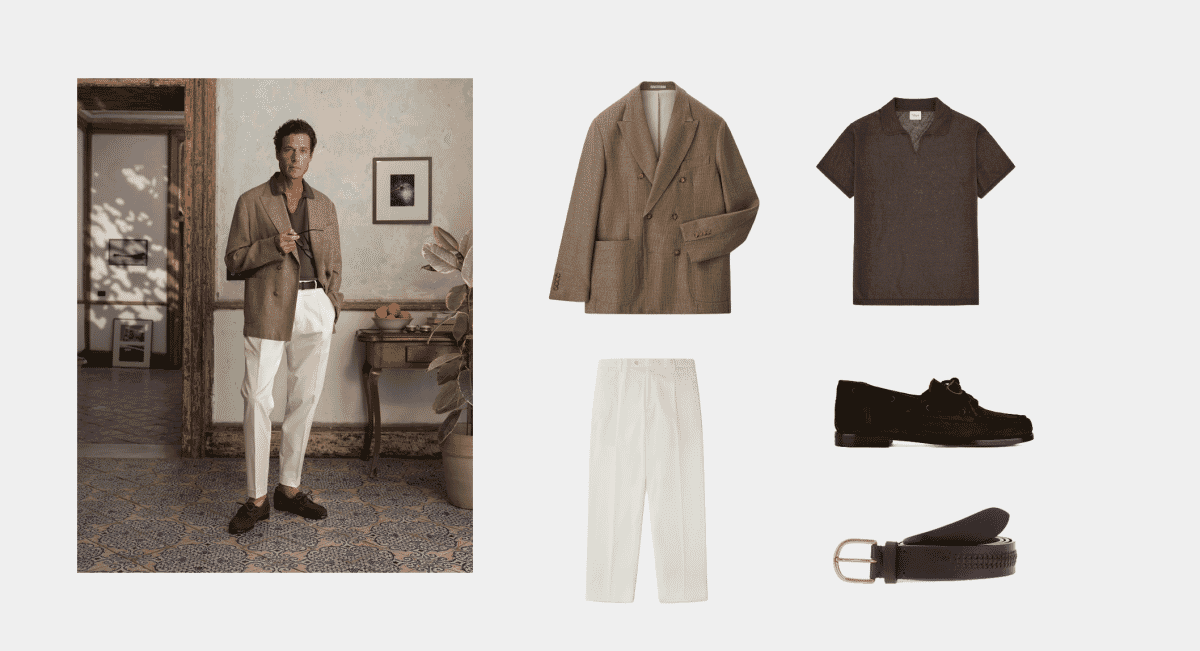 Velasca double-breasted jacket in a light fabric with patch pockets and a soft silhouette.