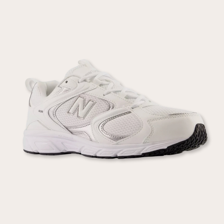 White mesh New Balance 408 athletic sneakers.