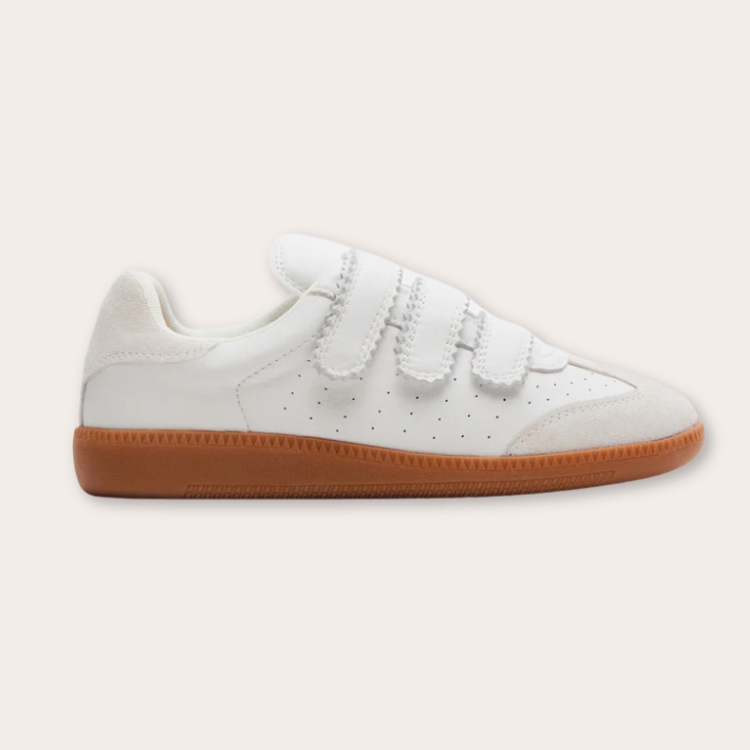 White leather sneakers featuring retro velcro straps.