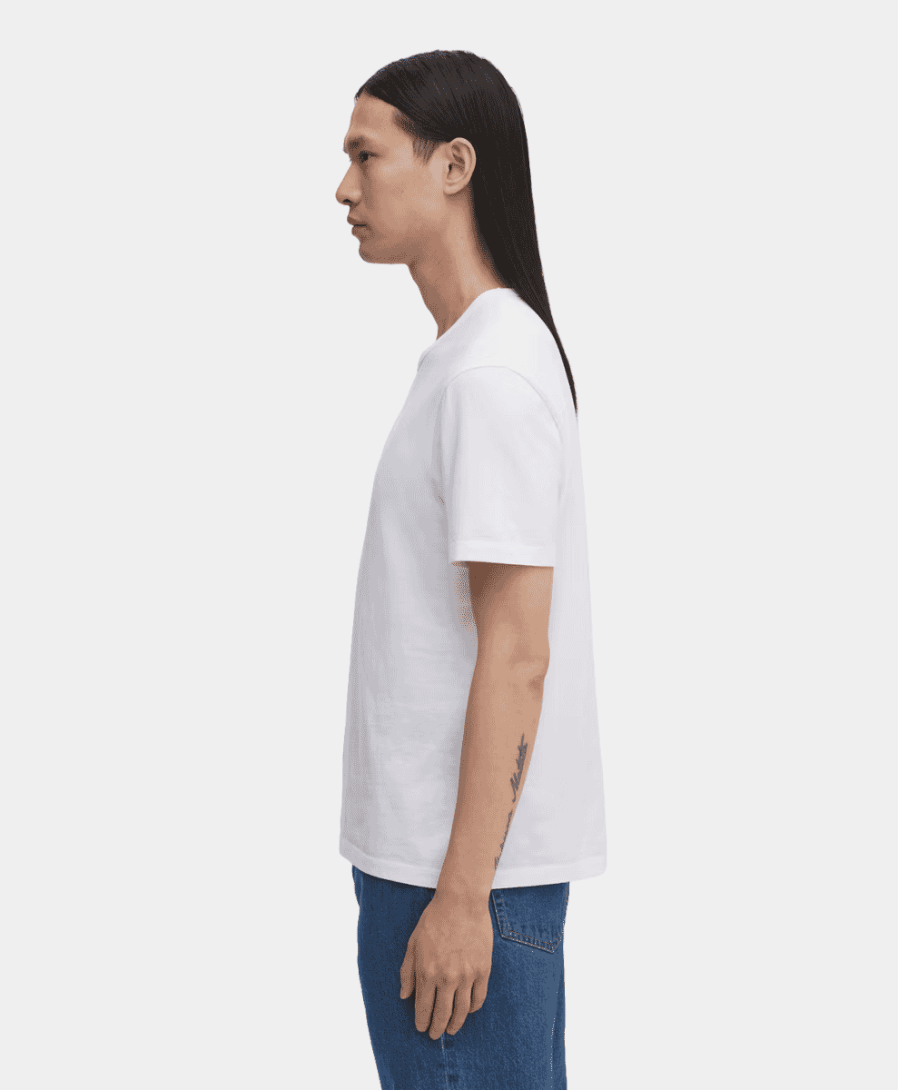 Close-up detail of the Asket white t-shirt neckline.