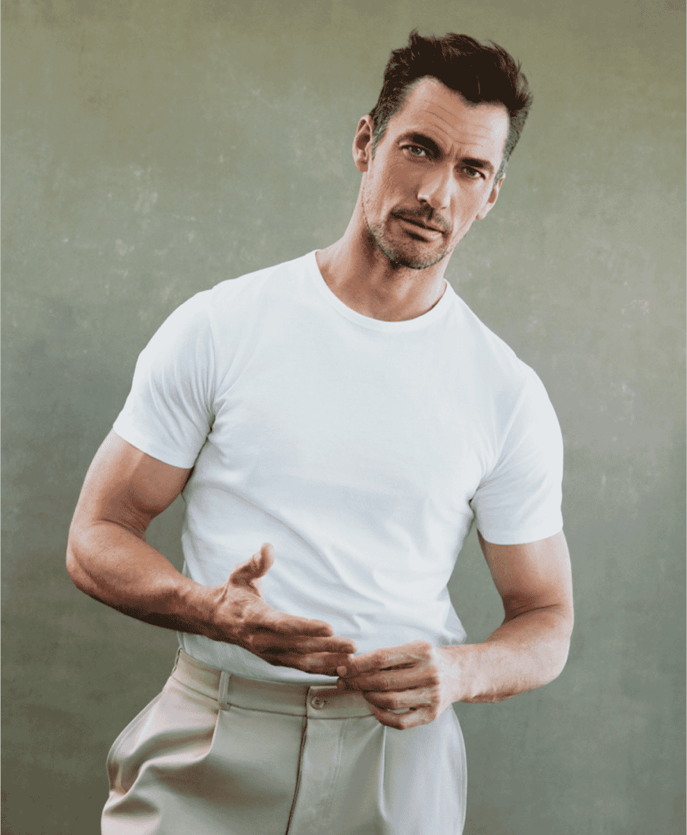 Side view of the David Gandy Wellwear t-shirt fit.