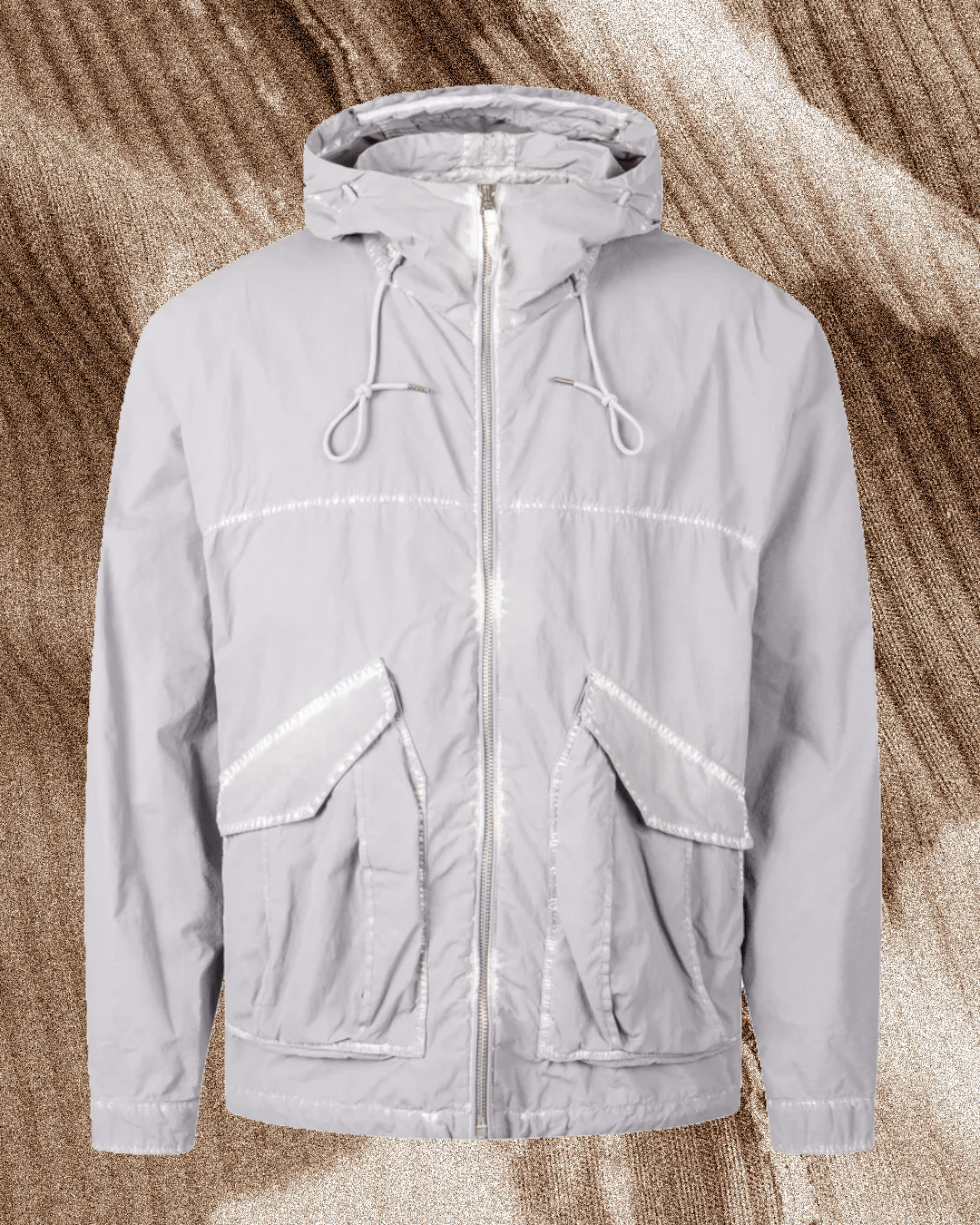 Light gray minimalist Ten c hooded jacket with front pockets and technical fabric finish.