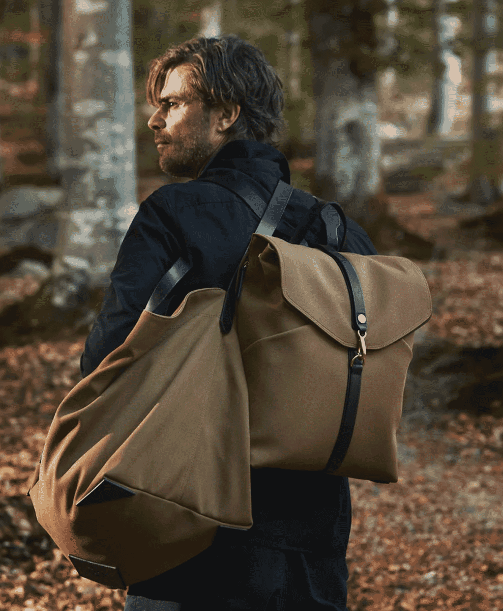 A grid layout showing various Danish menswear items like knits, jackets, and bags.