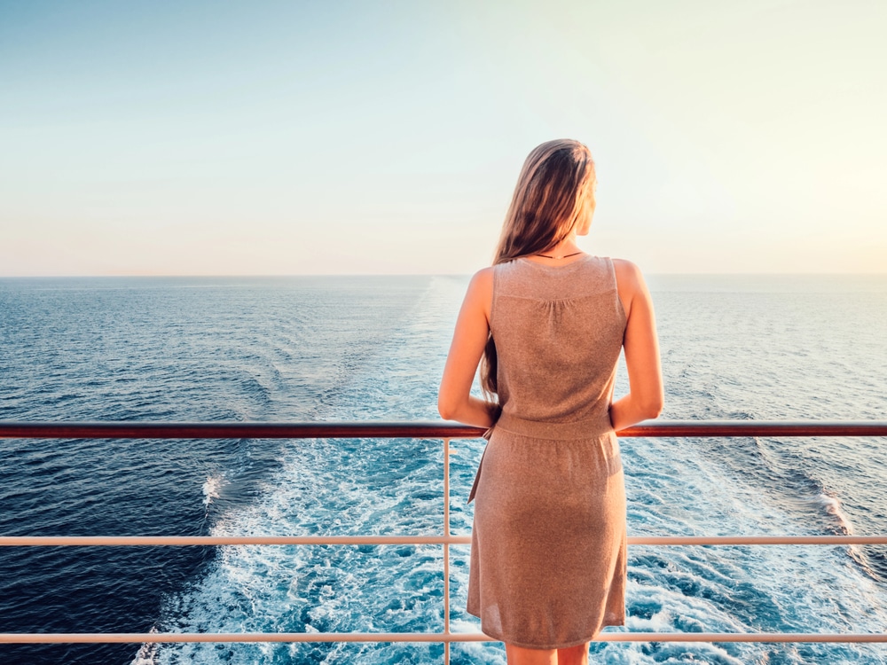 A sophisticated formal evening gown styled for a luxury cruise ship's formal night.