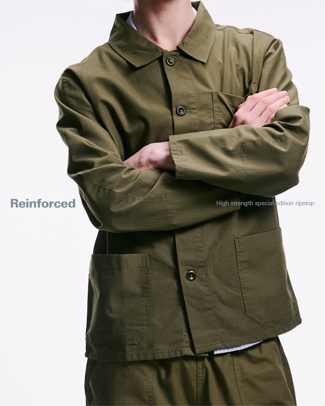 Full body shot of a model styling the 3045 field jacket with matching ripstop trousers.