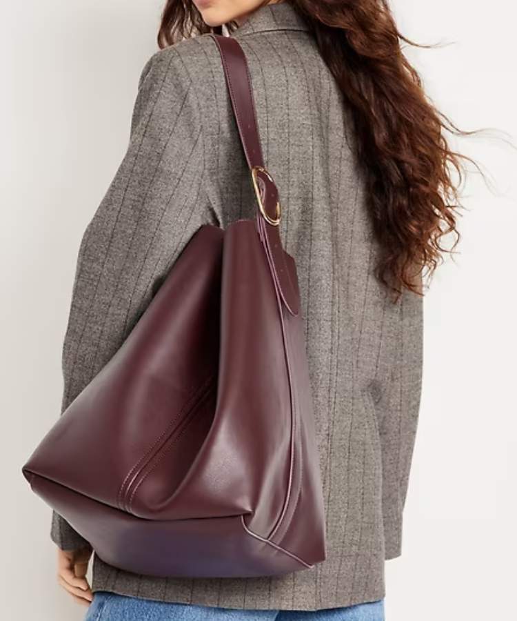Large Carrie Tote Bag in black faux leather showing its substantial size.