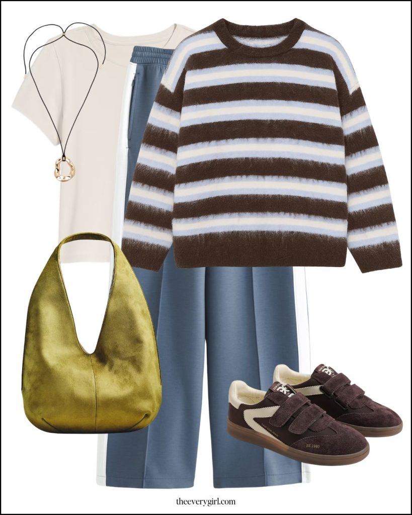 Outfit with a striped sweater and track pants