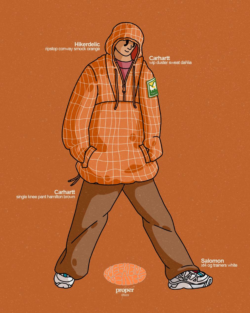 Full-body illustration of a streetwear outfit featuring an orange grid hoodie, brown work pants, and technical white sneakers.