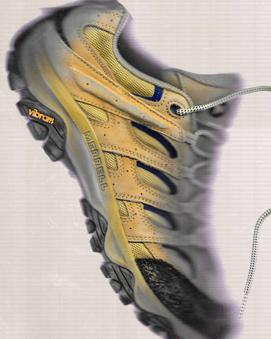 Close-up of the weathered texture on the Merrell x Khakis hiking boots after extensive use.